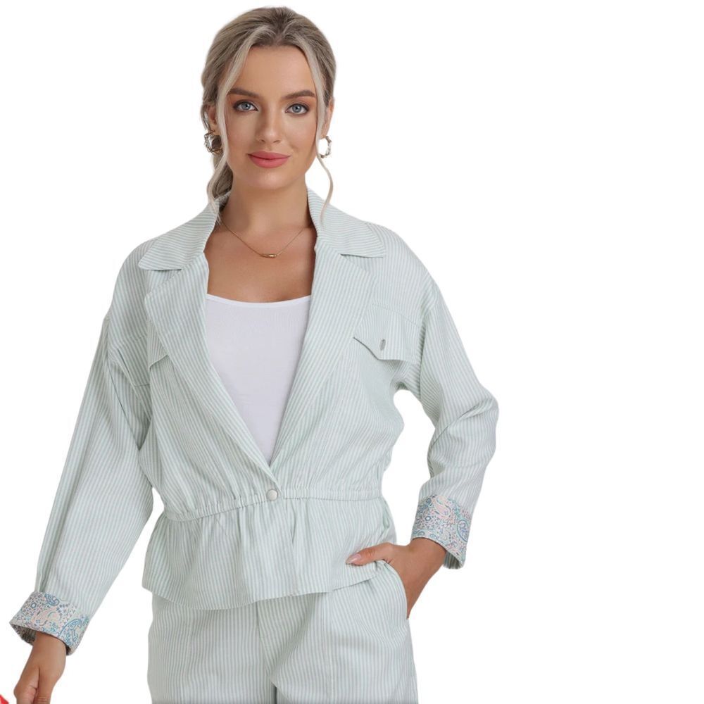 89th + Madison Pale Green Stripe‎ One Button Elastic Waist Jacket Size L